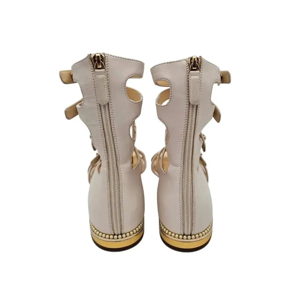 Chanel Pearl White Leather Gladiator Flat Sandal Strap Cage Zip Size 38 7 7.5